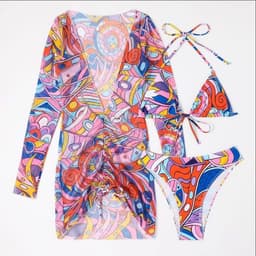 image-Women's Three-Piece Swimsuit - Printed Bikini with Mesh Skirt