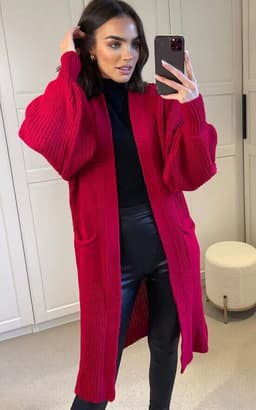 image-Women's Cardigan Sweater - Deep Pink Lantern Sleeve
