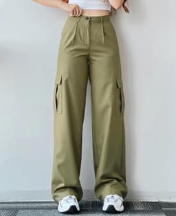 image-Women's Cargo Pants - Khaki Mid-Rise Straight Leg Cotton