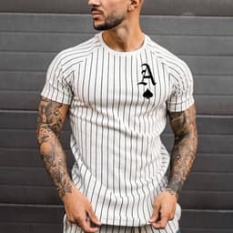 image-Men's Khaki Striped T-Shirt 5XL Short Sleeve