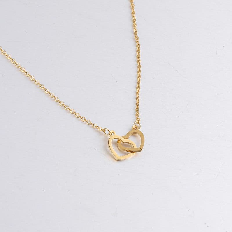 image-Xinghe cross-border hot-selling light luxury mirror stainless steel necklace heart-to-heart titanium steel double-ring pendant clavicle chain
