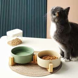 image-Hangyi Ceramics Double Bowl Pet Dish - Wooden Frame, Anti-Knock - 24 Pack