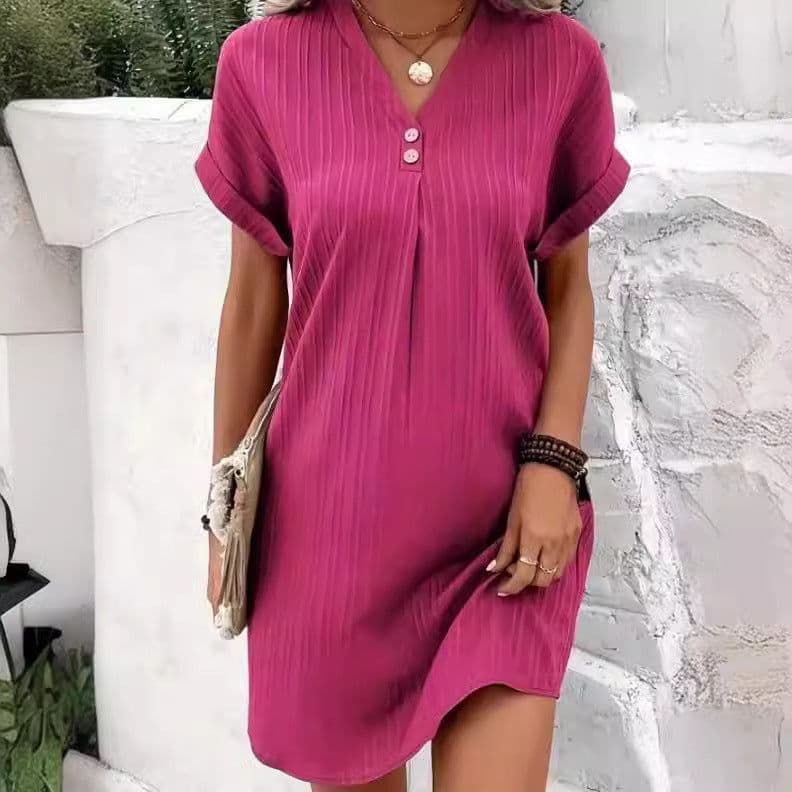 image-Cross-border European and American women's clothing 2023 new Amazon V-neck solid color pullover comfortable casual button dress