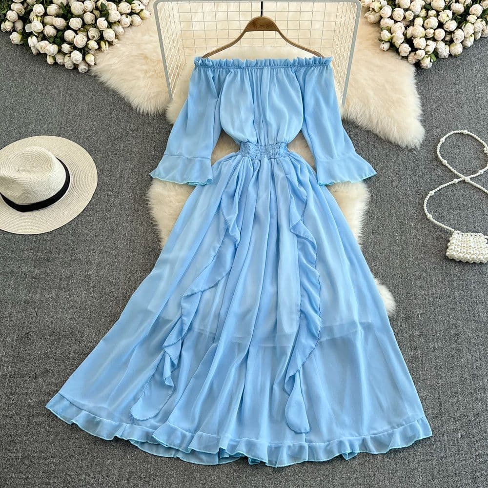 image-Seaside Skirt - Navy Ruffled Chiffon Dress, Commuting, One Shoulder, Midi