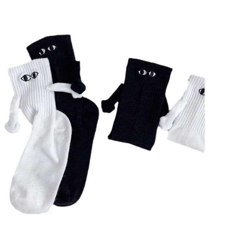 image-Magnetic Holding Hands Socks - White Funny Couple Socks for All Ages - Solid Color Mid-Tube Design