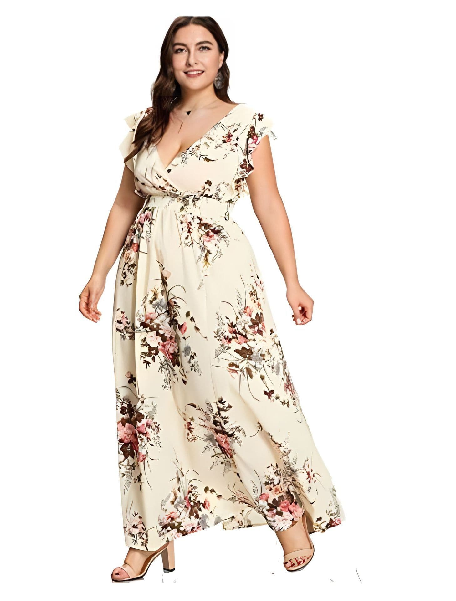 image-Women's Chiffon Dress - Ruffled Sleeves Elastic Waist Print