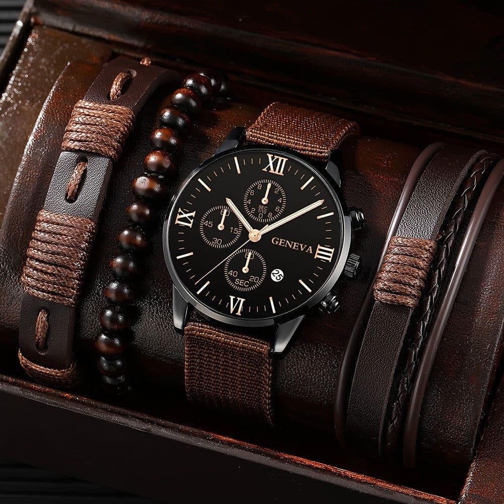 image-Men's Suit Gift Watch Set 4pcs Quartz Calendar Bracelet Watch