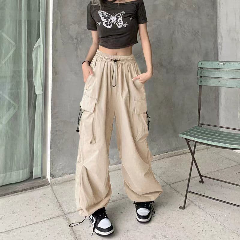image-Women's Summer Casual Pants - Apricot High Waist Wide Leg
