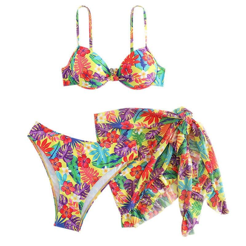 image-2023 women's new swimsuit bikini with mesh skirt split printed three-piece swimsuit European and American cross-border
