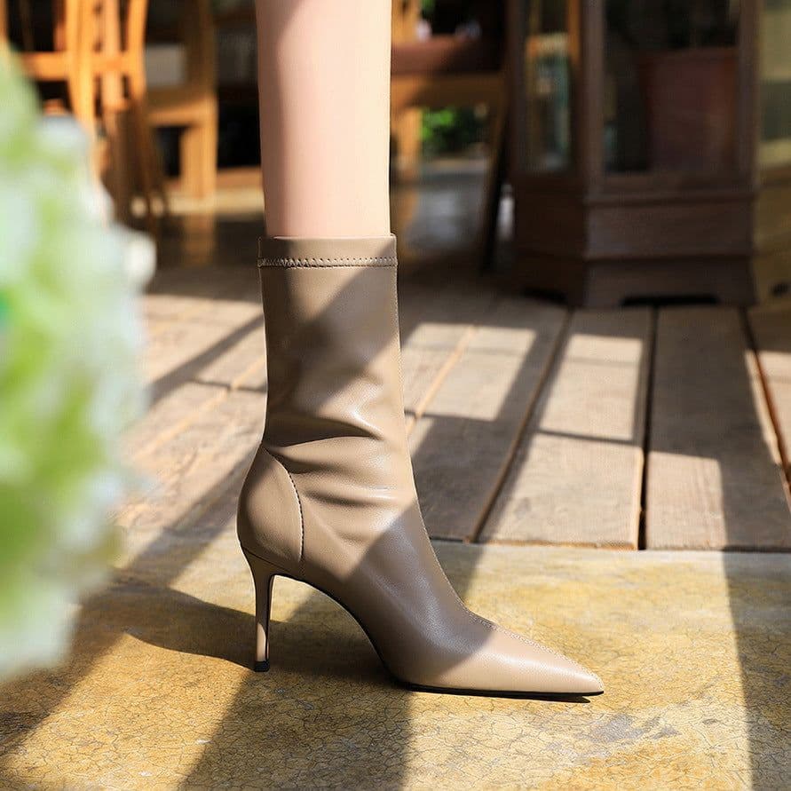 image-BIGTREE Stiletto High Heel Boots - Khaki Pointy Toe