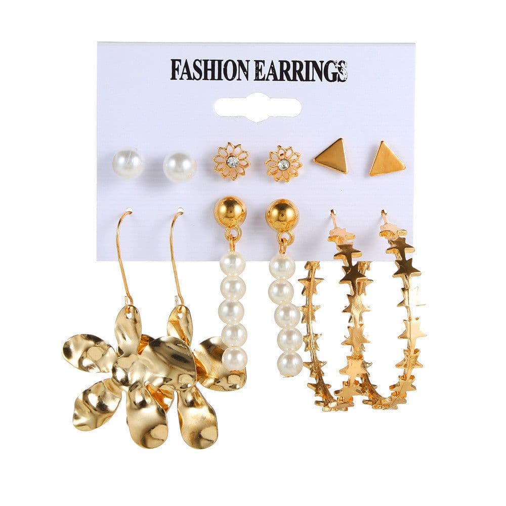 image-Cross-border Hot Selling European and American Fashion Geometric Earrings Set Flower Earrings Pearl Star Earrings Daisy Heart Stud Earrings
