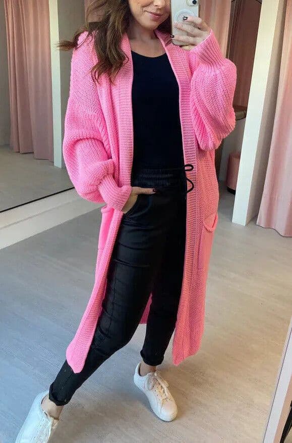 image-Women's Cardigan Sweater - Deep Pink Lantern Sleeve
