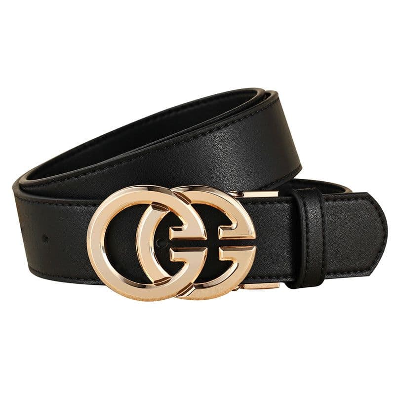 image-Women's Leather Belt - Black Gold Buckle 95-120cm