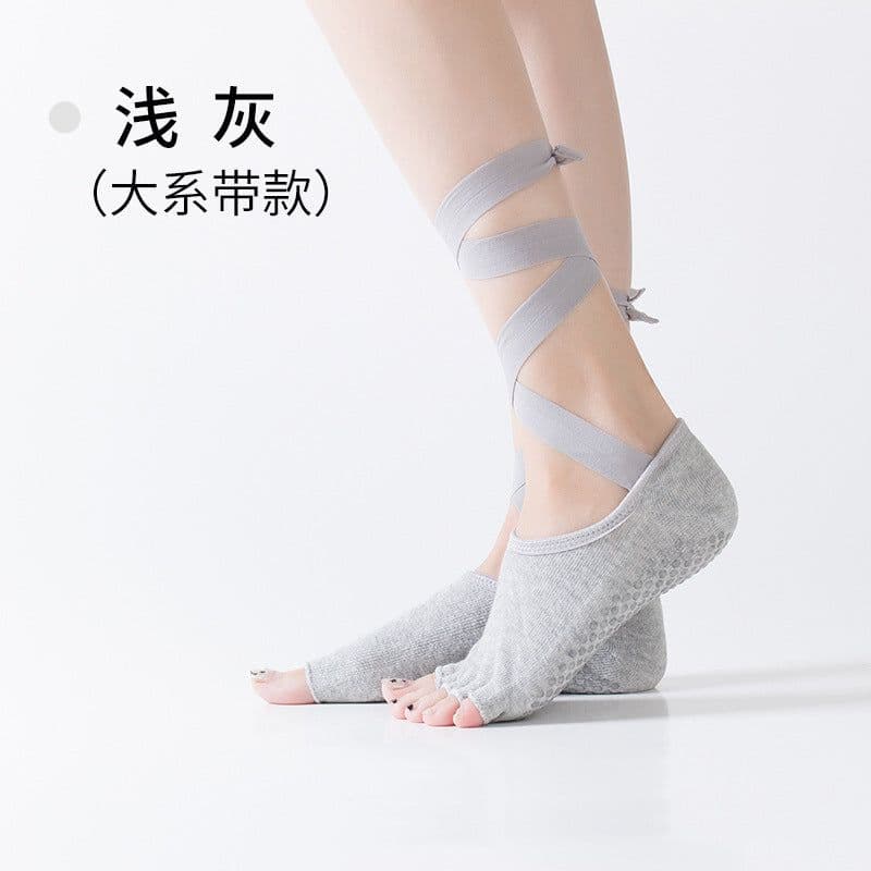 image-Lace-up Five-Finger Yoga Socks - Black Cotton