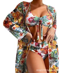 image-Women's 3-Piece Bikini Set - Green Long Sleeve Cover-Up