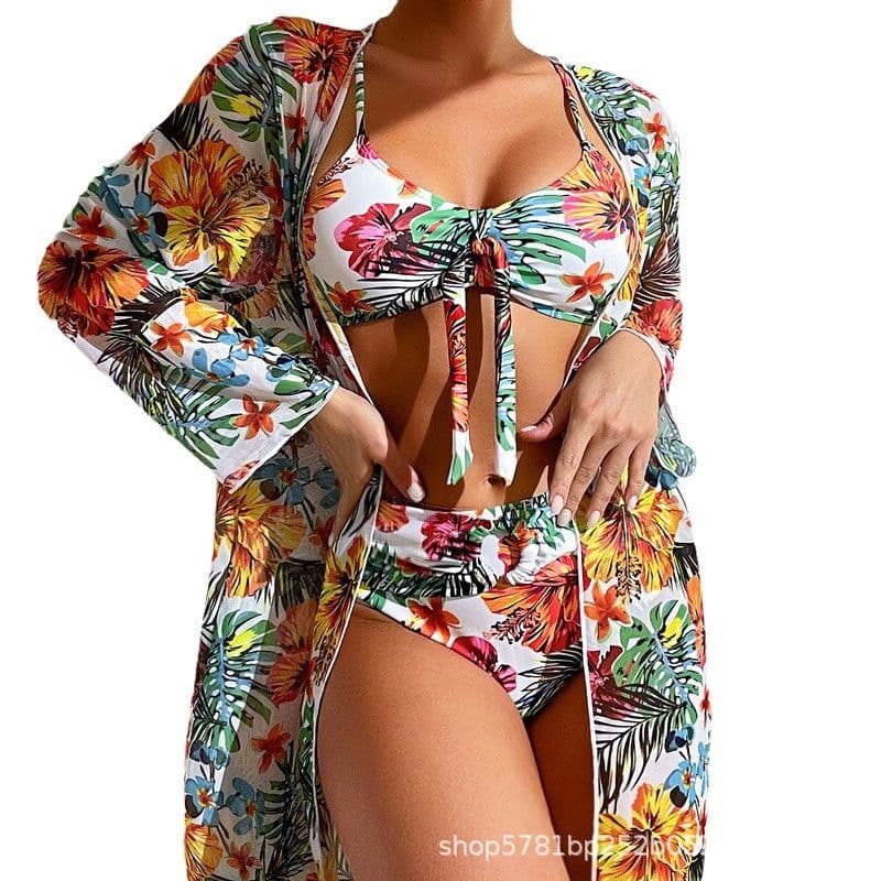 image-Women's 3-Piece Bikini Set - Green Long Sleeve Cover-Up