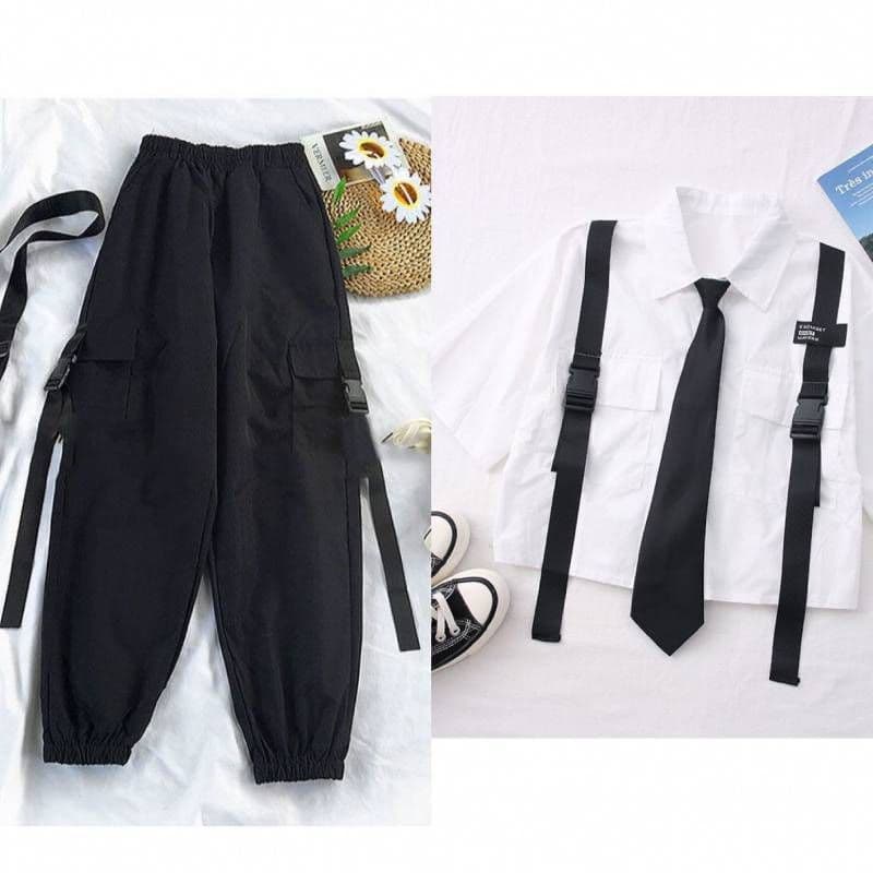 image-Korean Style Female Student Summer Suit - Black XL Urban Commuting Two-Piece Set