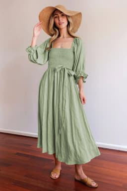 image-Mido Emerald Midi Dress - High Waist Lantern Sleeve