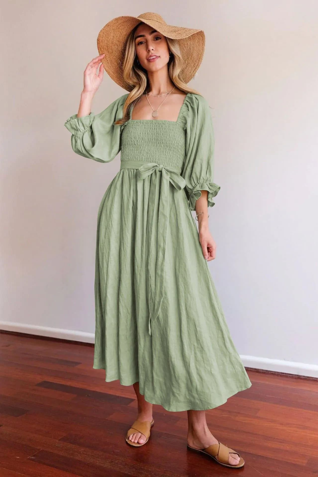 image-Mido Emerald Midi Dress - High Waist Lantern Sleeve