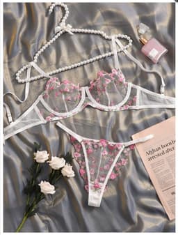image-Women's Lace Lingerie Set - Red Embroidered Mesh Dress