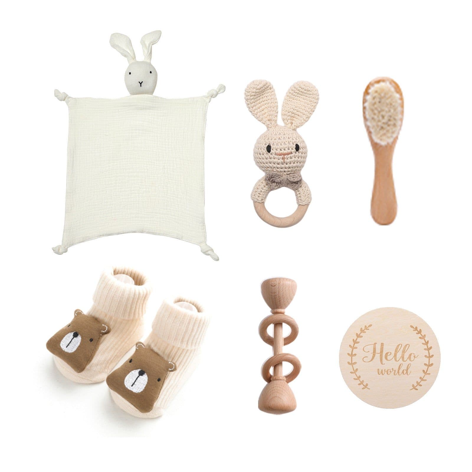 image-Newborn Infant Bath Towel Rattle Gift Set - Wooden Crochet Rattle