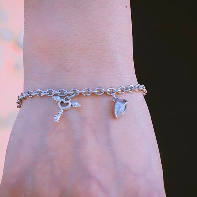 image-Simple Love Heart Bracelet Pair - Alloy Unisex Key Lock Jewelry