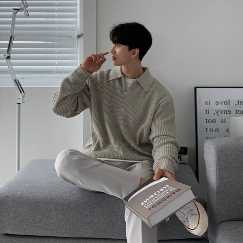 image-Men's Japanese Retro-Style Half-Zip Sweater - Casual Autumn/Winter
