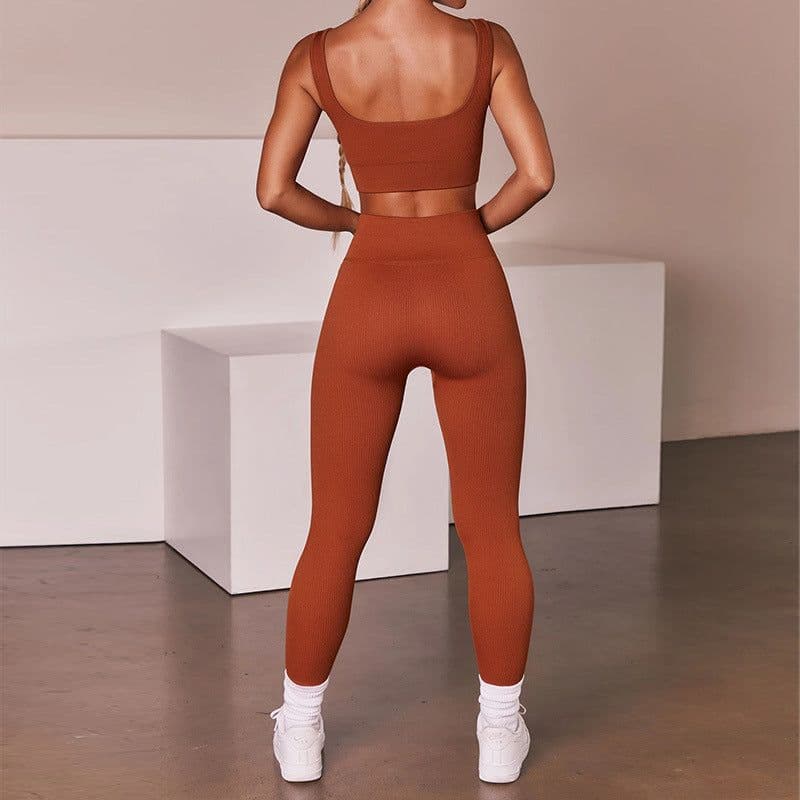 image-2021 Yoga Suit - Brown Four-Piece Set, Short Sleeve, Leggings, Size S