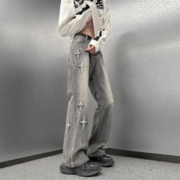 image-Yellow mud cross jeans men's spring and autumn national trend oversize pants handsome loose micro-flared wide-leg pants