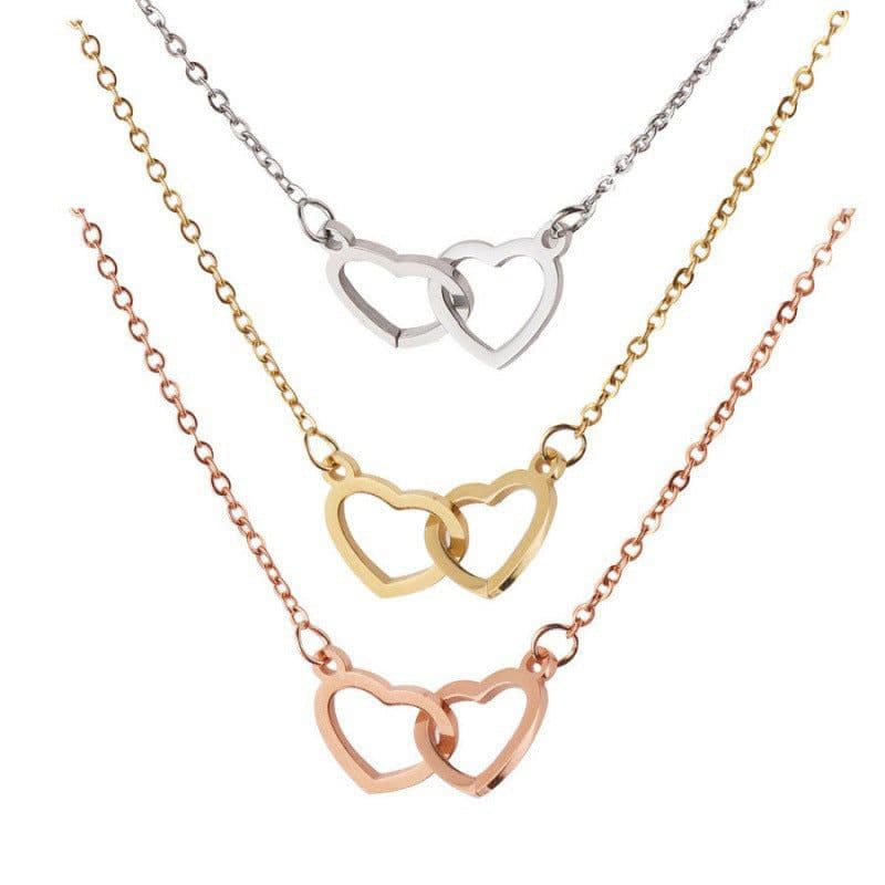 image-Xinghe cross-border hot-selling light luxury mirror stainless steel necklace heart-to-heart titanium steel double-ring pendant clavicle chain