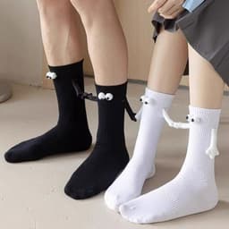 image-Magnetic Holding Hands Socks - White Funny Couple Socks for All Ages - Solid Color Mid-Tube Design