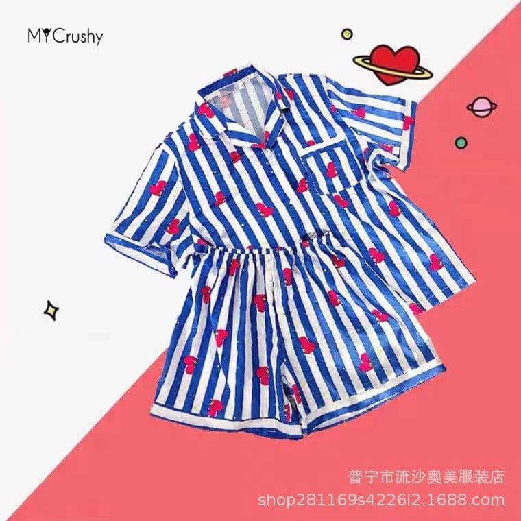 image-Women's Korean Cardigan Pajama Set - Pink Striped