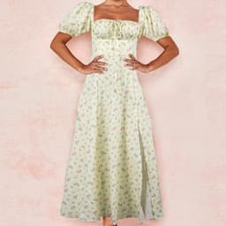 image-Women's Floral Midi Dress - Puff Sleeves Lace-Up