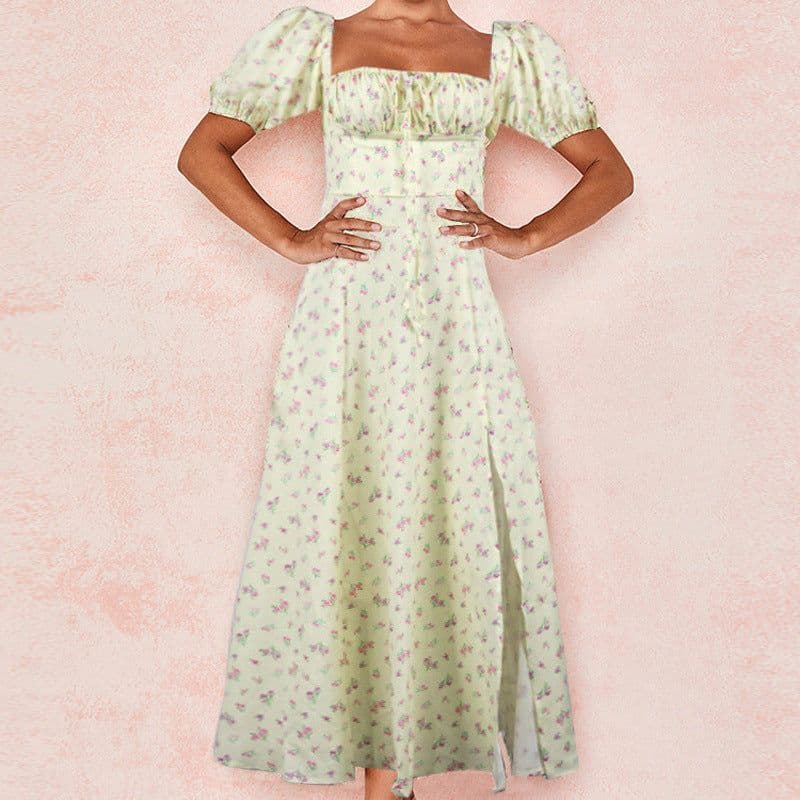image-Women's Floral Midi Dress - Puff Sleeves Lace-Up