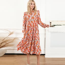 image-Women's Bohemian Printed Long Ruffle Dress - Autumn
