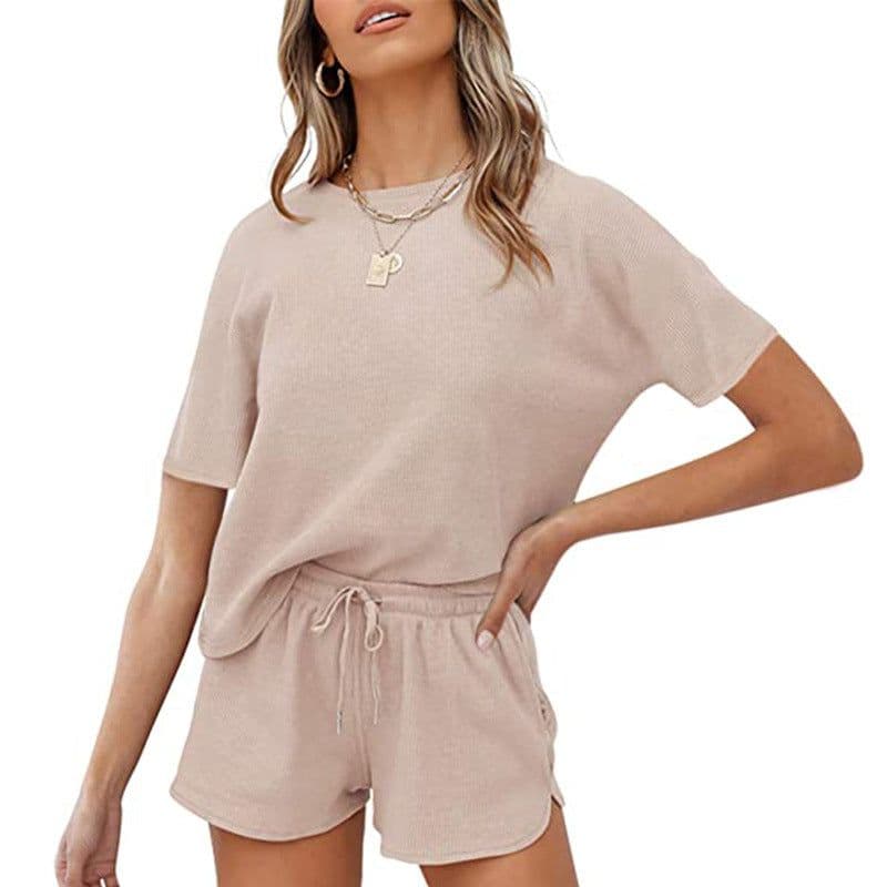 image-Spring/Summer 2023 Retro Casual Waffle Two-Piece Suit - XXL Solid Color