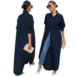 image-European Women's Navy Blue XXL Casual Coat - Urban Style Cardigan