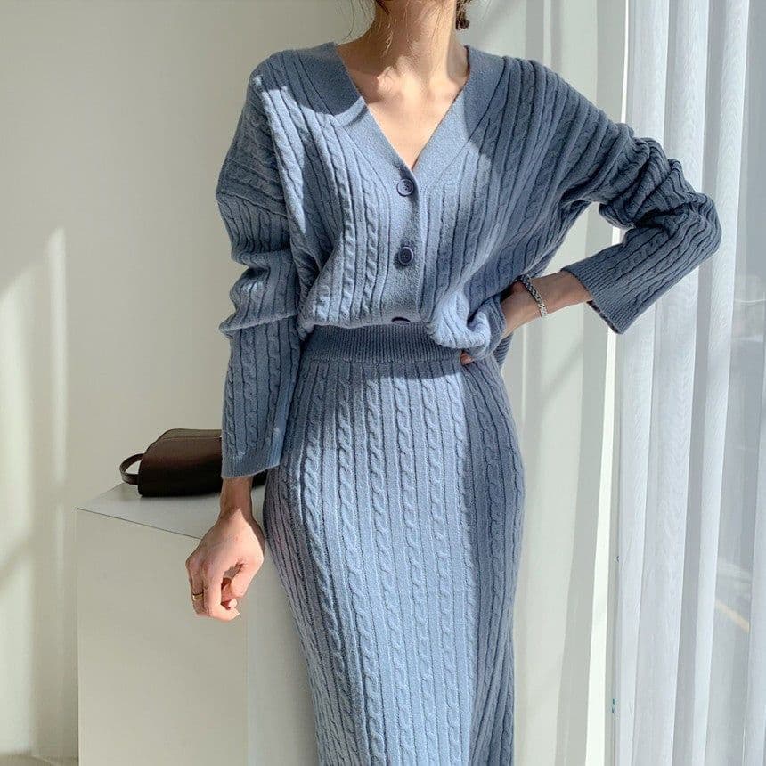 image-Women's Knit Cardigan Skirt Suit Set - Blue Midi