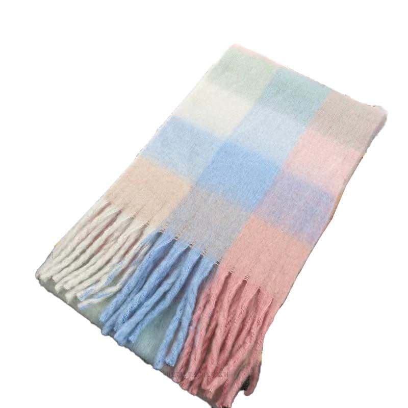 image-Plaid Knit Scarf - Blue Rose White 240x35cm Warm