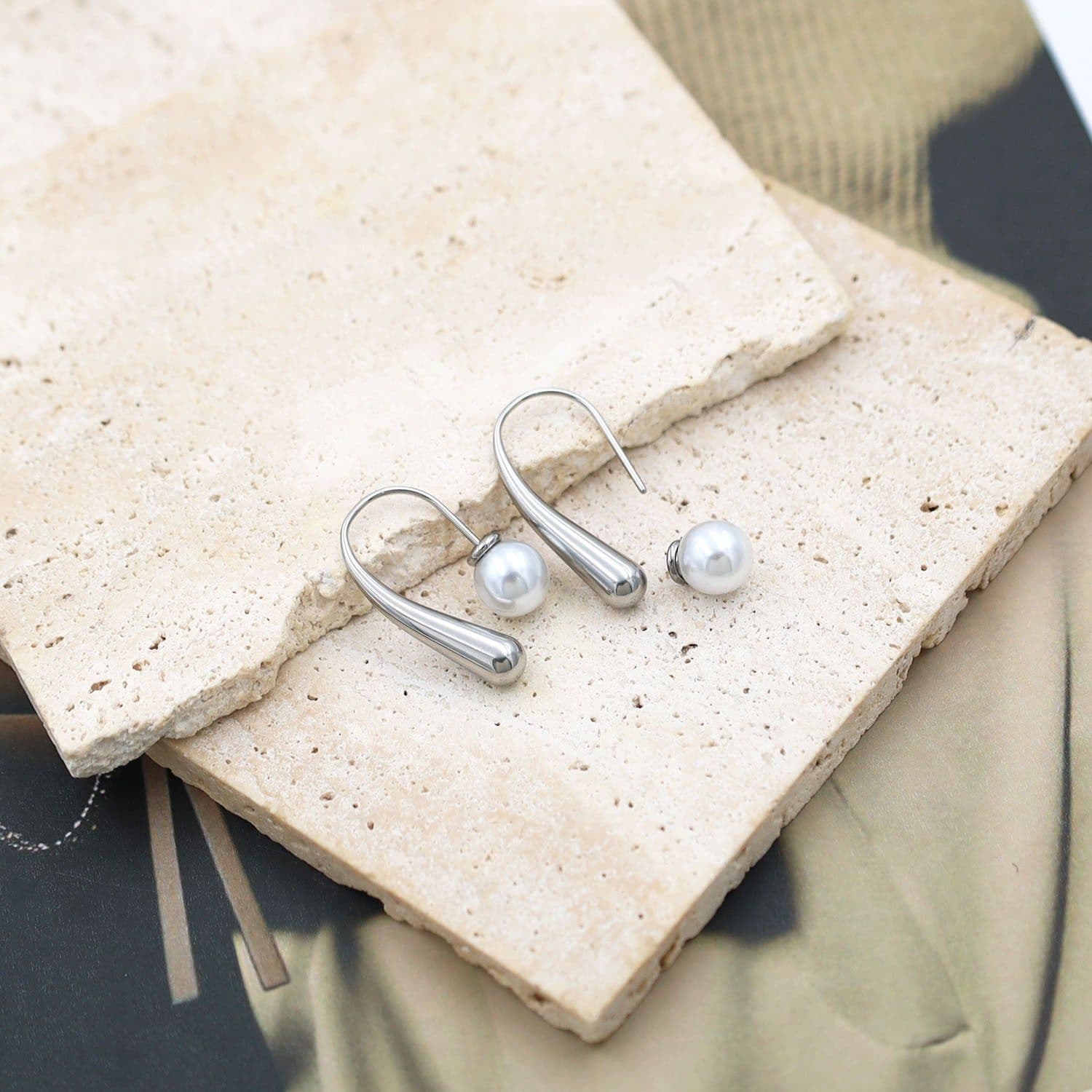 image-Geometric Pearl Drop Earrings - Steel 18K Gold Plated