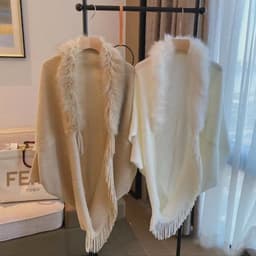 image-Women's Imitation Cashmere Shawl - Apricot Tassel Fur Collar