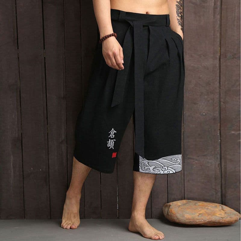 image-Chinese Retro Linen Embroidery Wide Leg Pants - Summer Loose Cotton Cropped