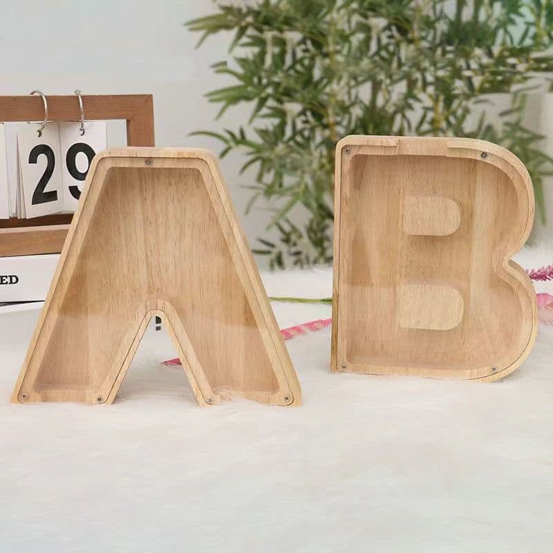 image-Wooden Alphabet Piggy Bank 26 Letters Toy Transparent Acrylic Ornament