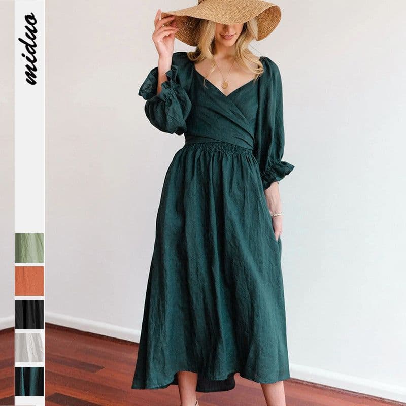 image-Mido Emerald Midi Dress - High Waist Lantern Sleeve