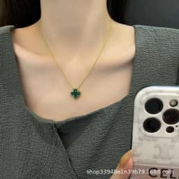image-v gold 925 silver Fanjia four-leaf clover necklace high version women's thick plated 18k single flower pendant natural fritillary chalcedony