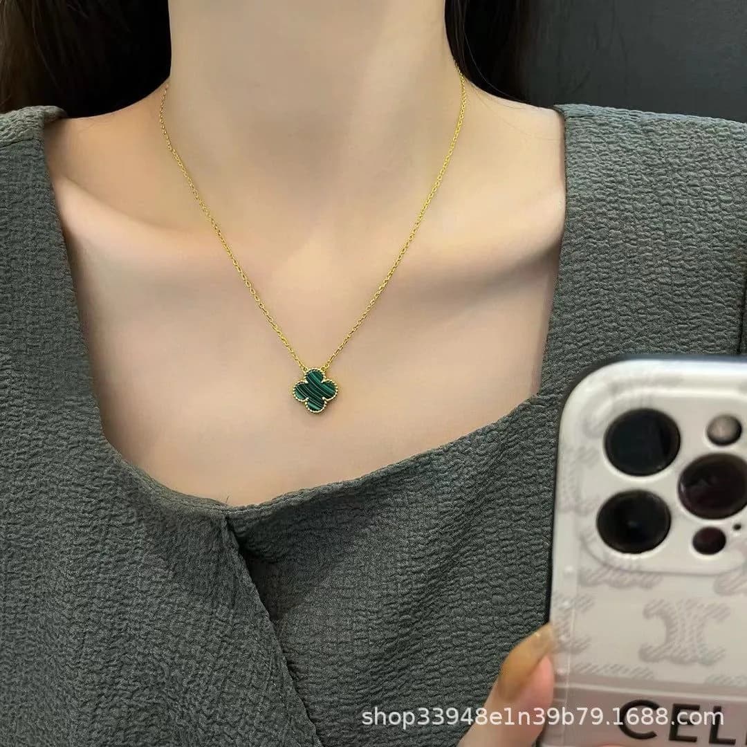 image-v gold 925 silver Fanjia four-leaf clover necklace high version women's thick plated 18k single flower pendant natural fritillary chalcedony