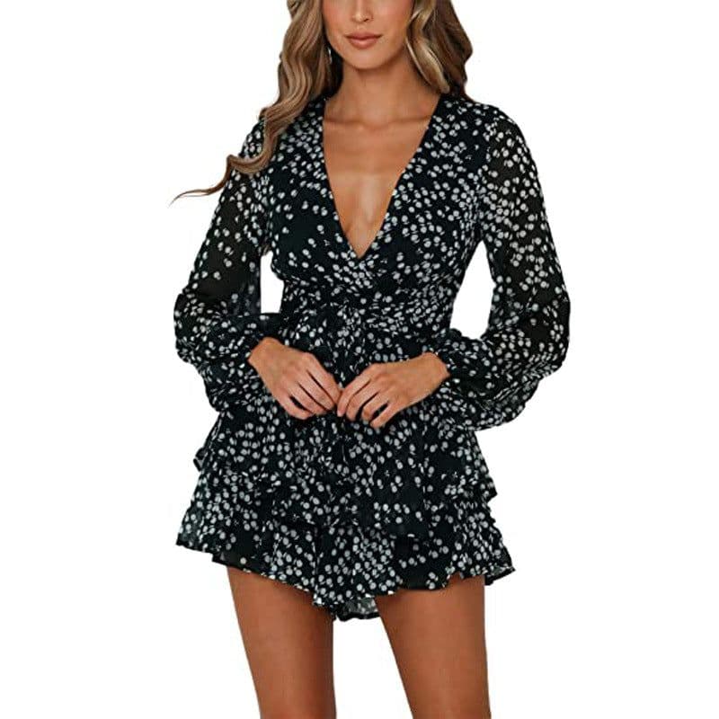 image-autumn and winter cross-border 2020 foreign trade new women's sexy V-neck dyed floral waist casual cocktail dress