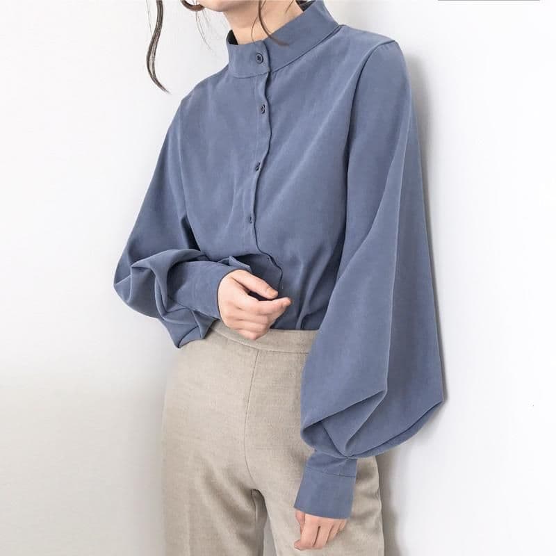 image-Black Cotton Lantern Sleeve Stand Collar Shirt