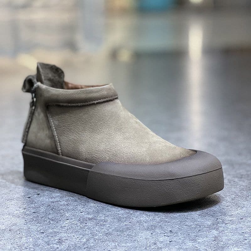 image-Shu Genuine Leather Women's Ankle Boots - Double Zipper Retro Design, Thick Sole, Khaki Brown