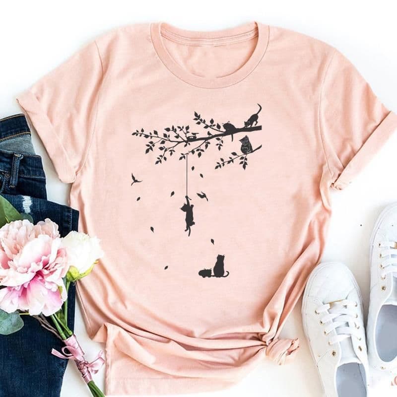 image-Cute Cat Print T-Shirt - Milk Silk 5XL Short Sleeve